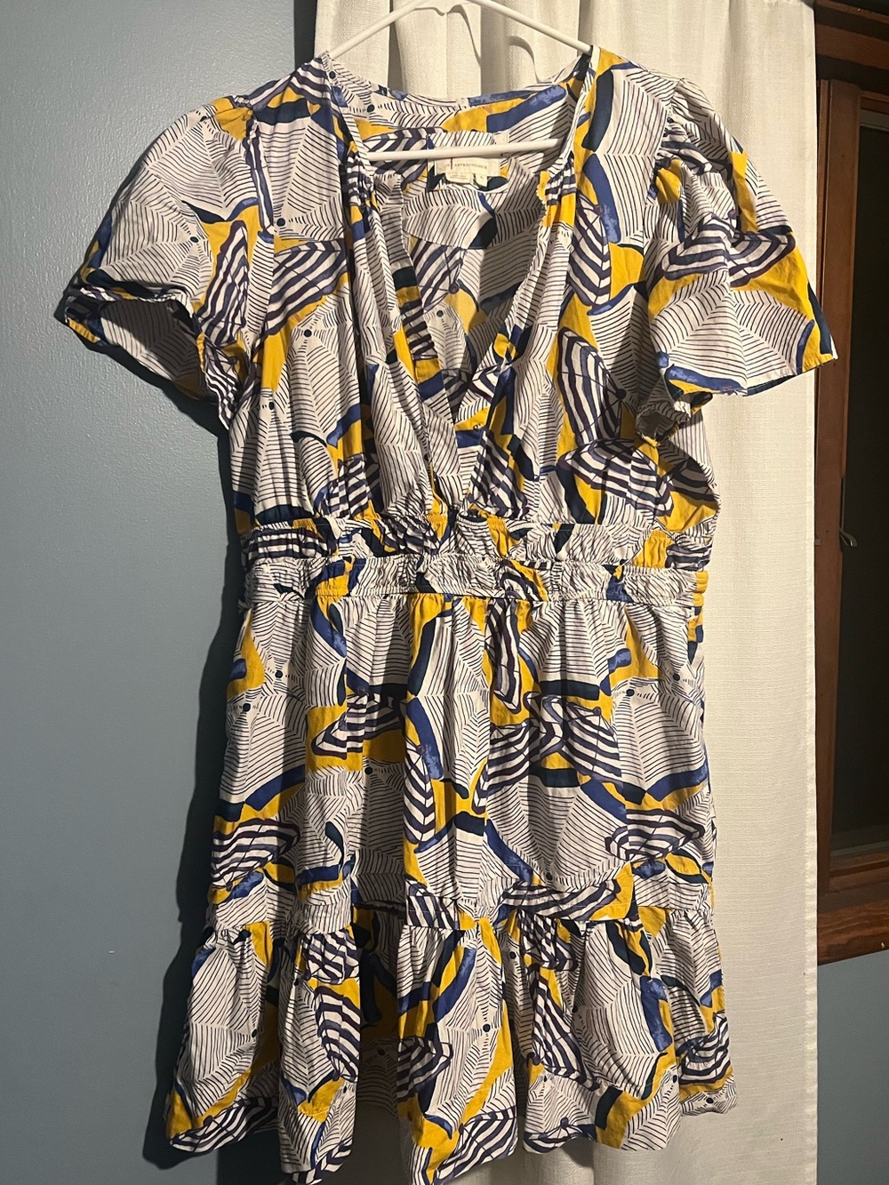 Anthropologie V-Neck Tiered Dress in Yellow, Blue, White